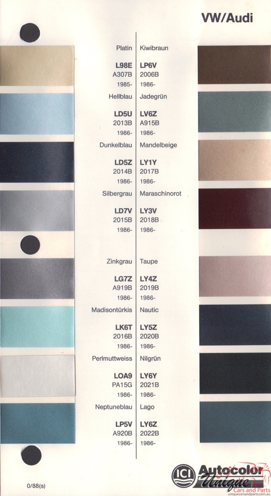 1985 - 1988 Volkswagen Paint Charts Autocolor